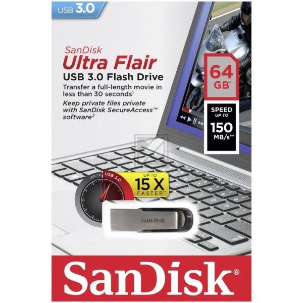 SANDISK ULTRA FLAIR USB STICK 64GB SDCZ73-064G-G46 USB 3.0 silber-schwarz